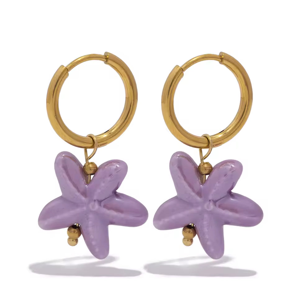 Ceramic Starfish Dangle Hoop Earrings