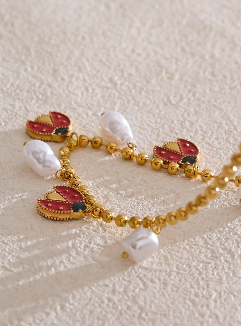 Natural Pearls & Enamel Ladybird Charms Necklace