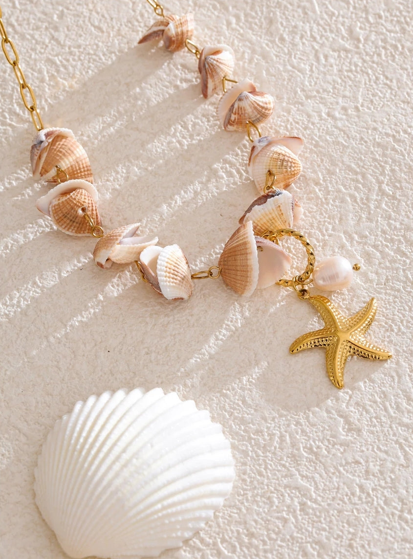 Natural Seashell Chain Starfish Pendant Necklace