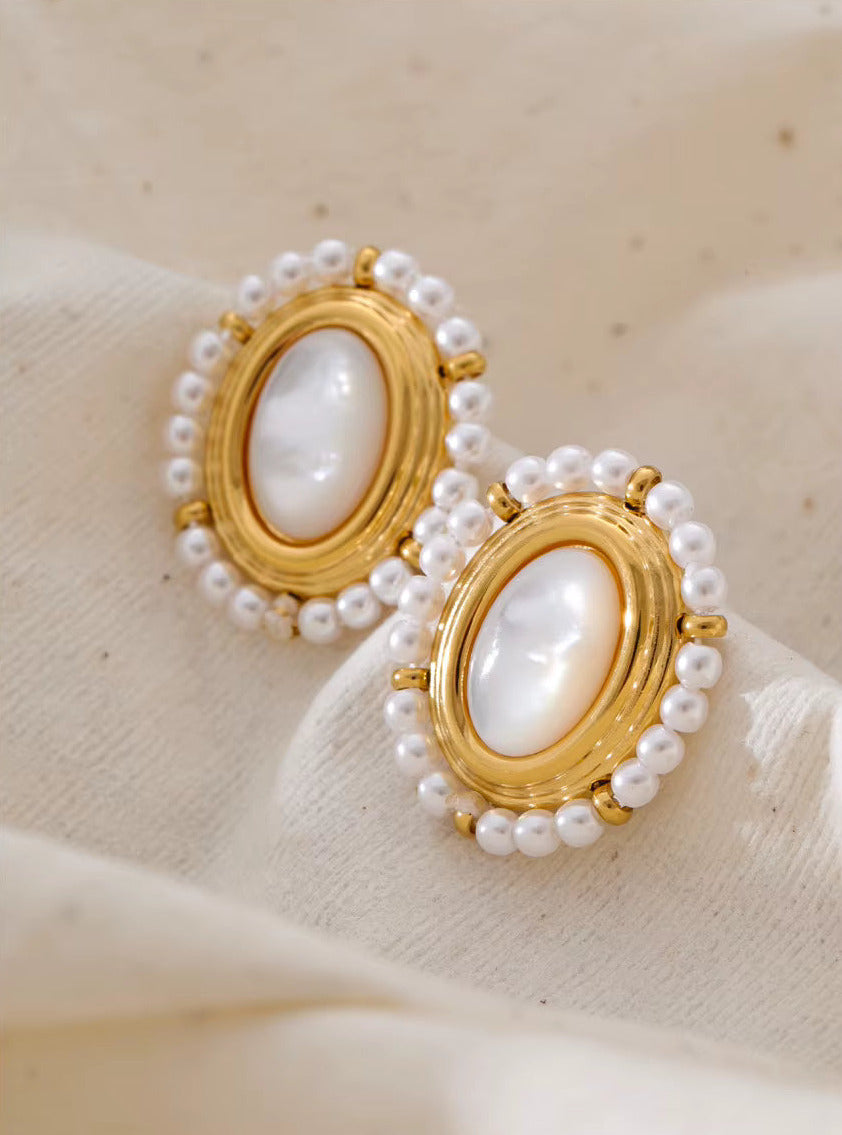 Inlaid Natural Shell and Simulated Pearls Stud Earrings