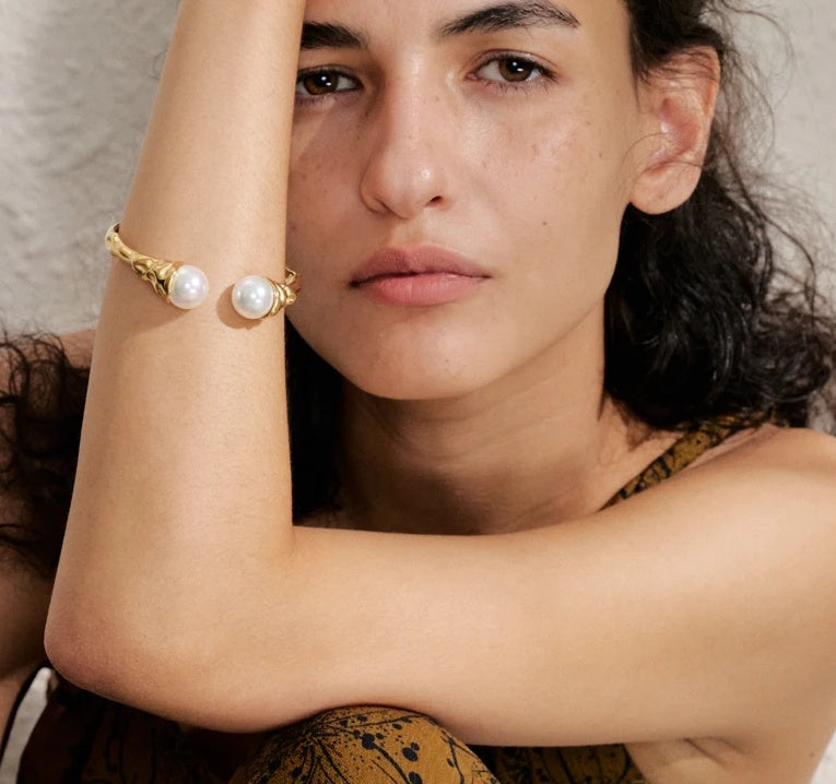 Baroque Style Gold Pearl Open Cuff Bracelet