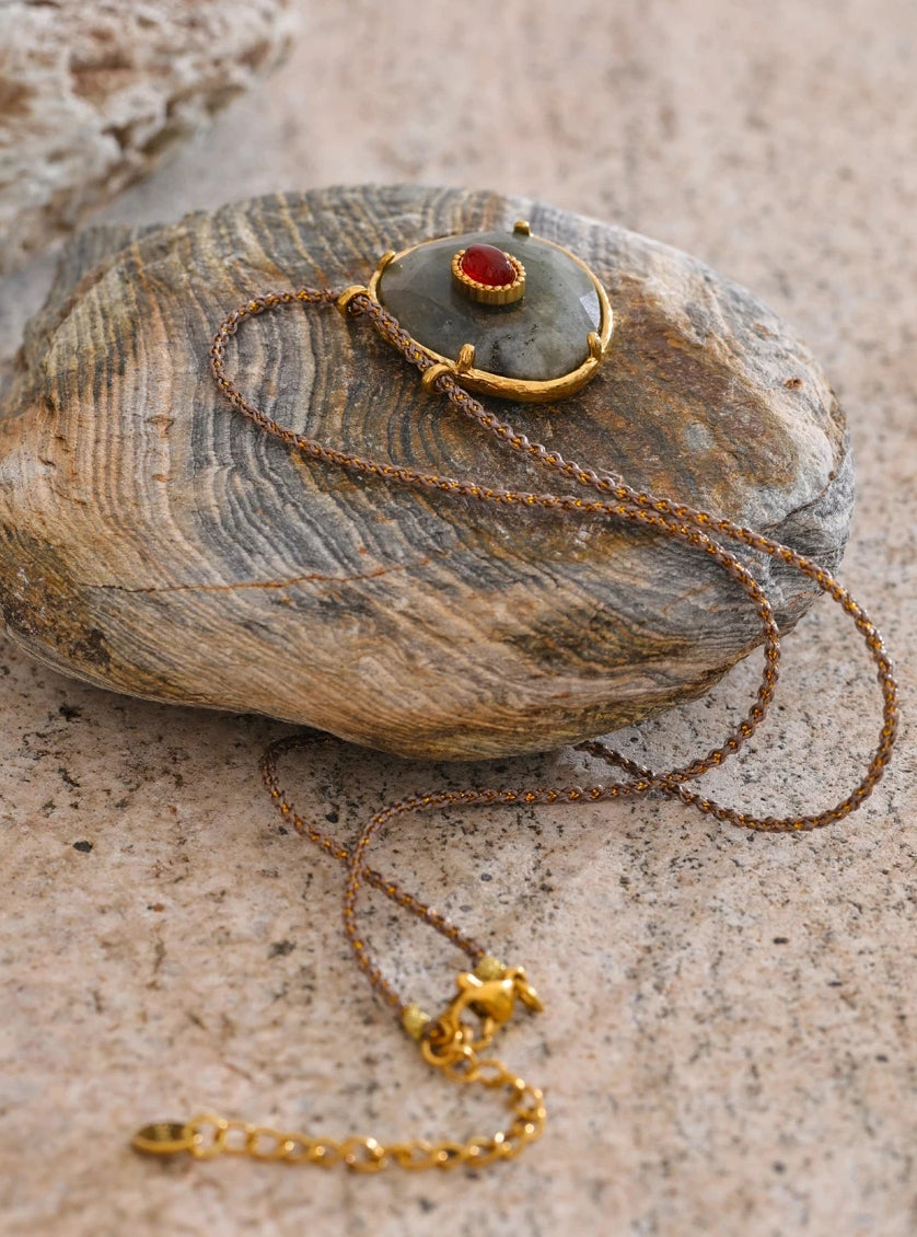 Natural Labradorite & Red Agate Pendant Necklace
