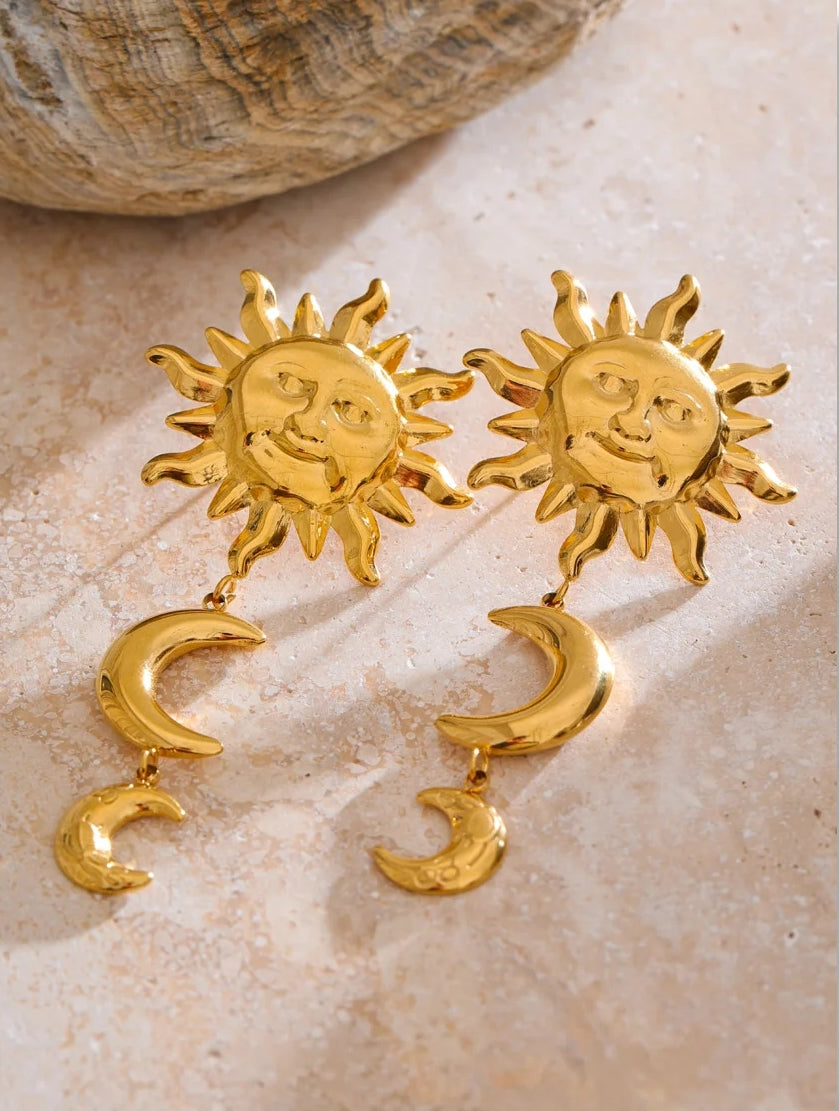 Sun and Double Moon Dangle Earrings