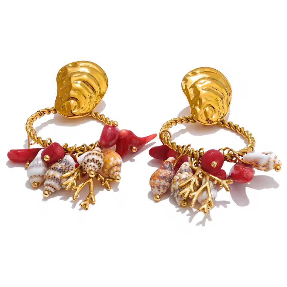 Red Stone & Natural Shell Dangle Earrings