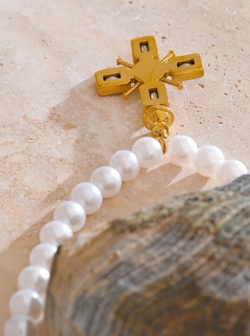 Pearl Cubic Zirconia Cross Pendant Necklace
