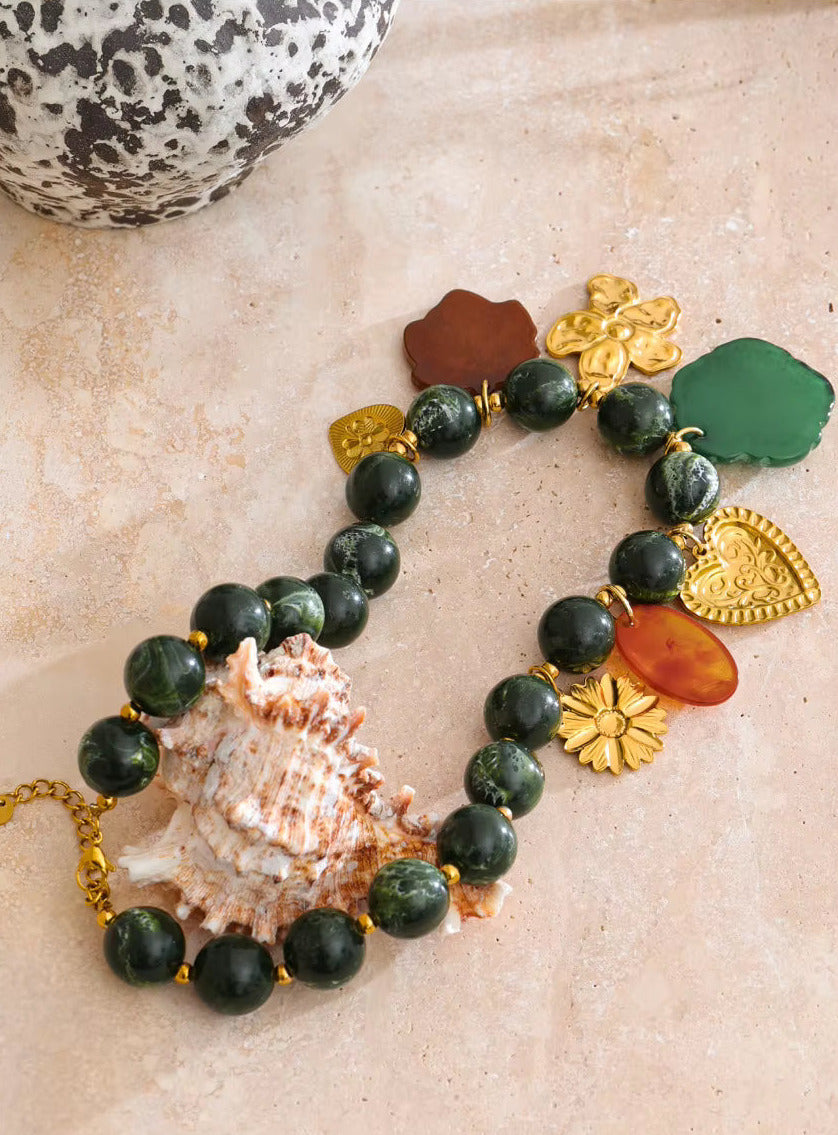 Green Beads Chain Leaf Flower Multi Charm Necklace