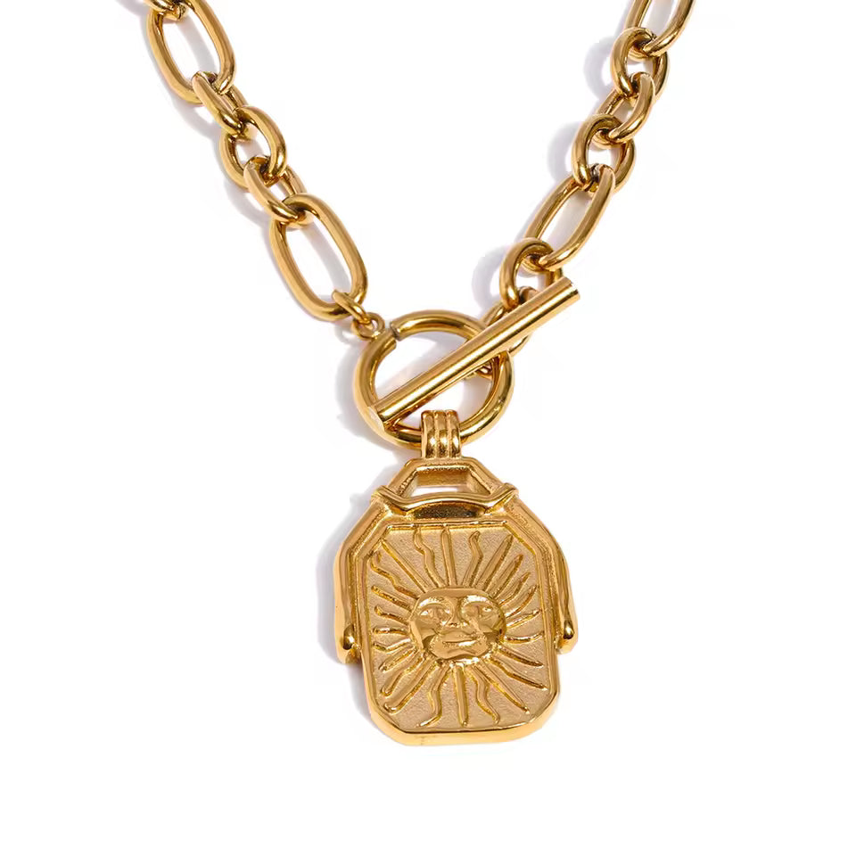 Rectangle Double-Sided Sun Moon Pendant Necklace
