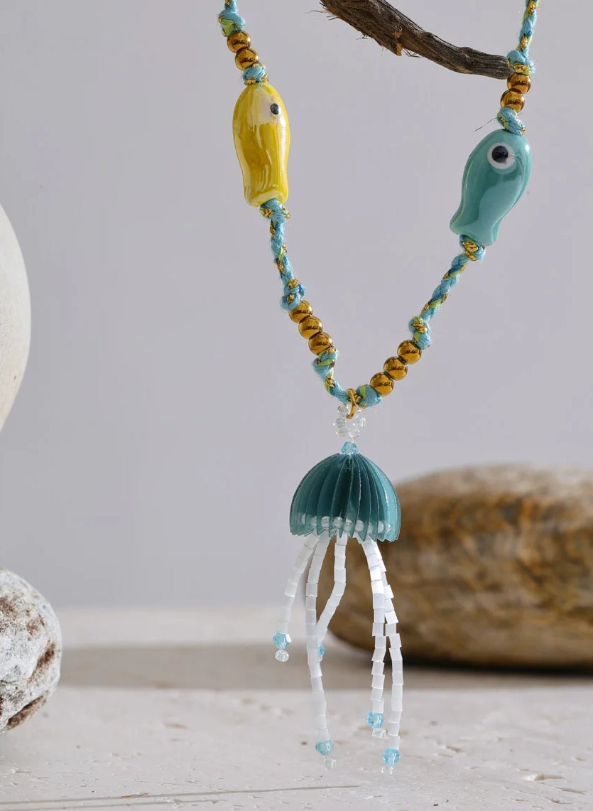 Crystal Jellyfish & Twin Ceramic Fish Nautical Rope Necklace