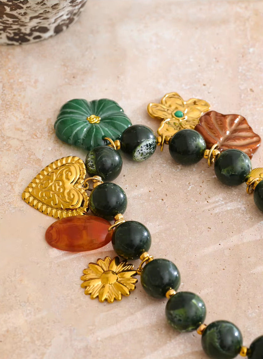 Green Beads Chain Leaf Flower Multi Charm Necklace