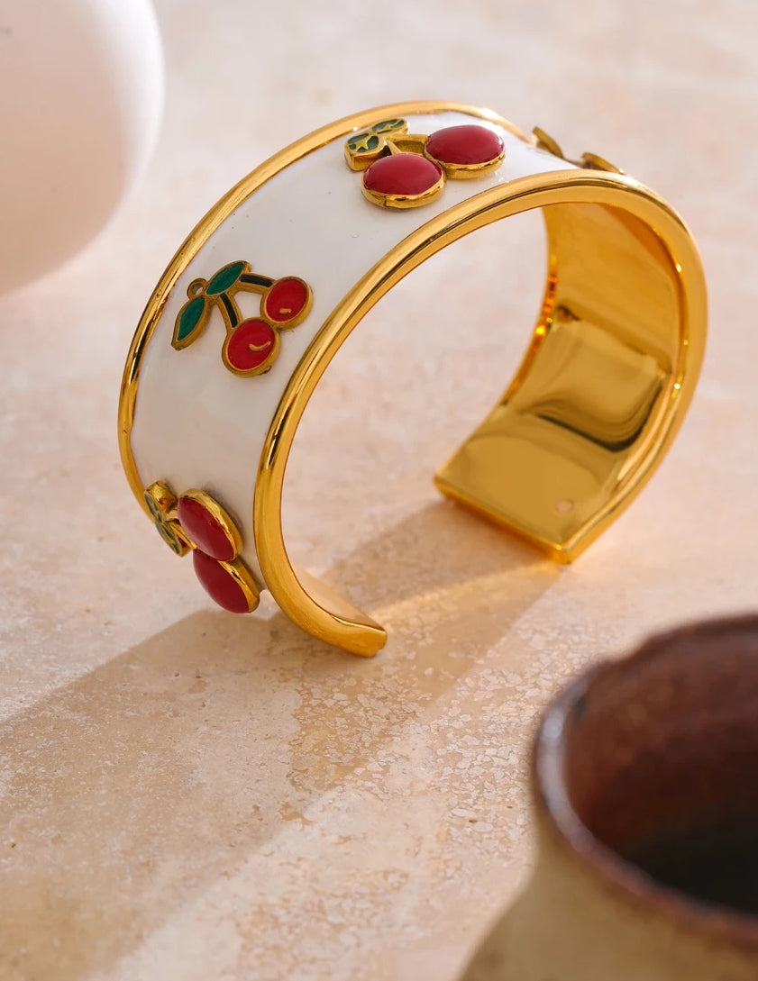 White Enamel Cherry Cuff Bracelet