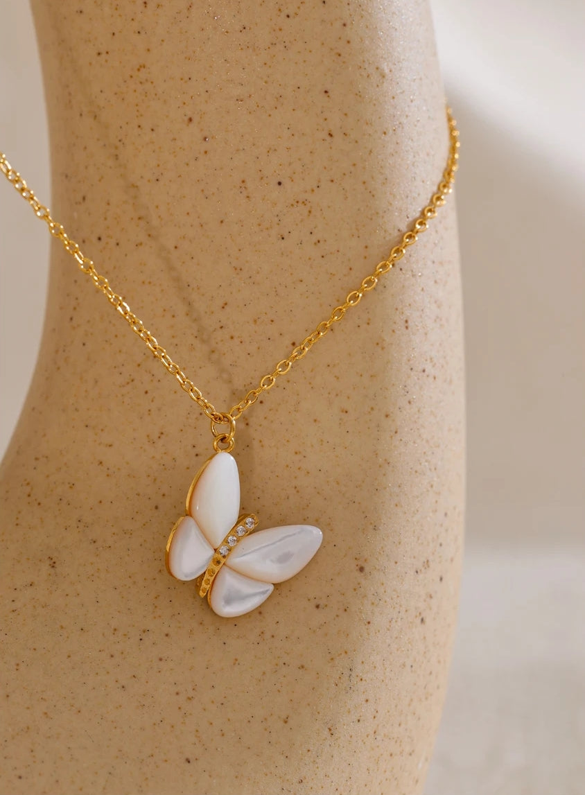 Gold Butterfly Natural Shell Pendant Necklace