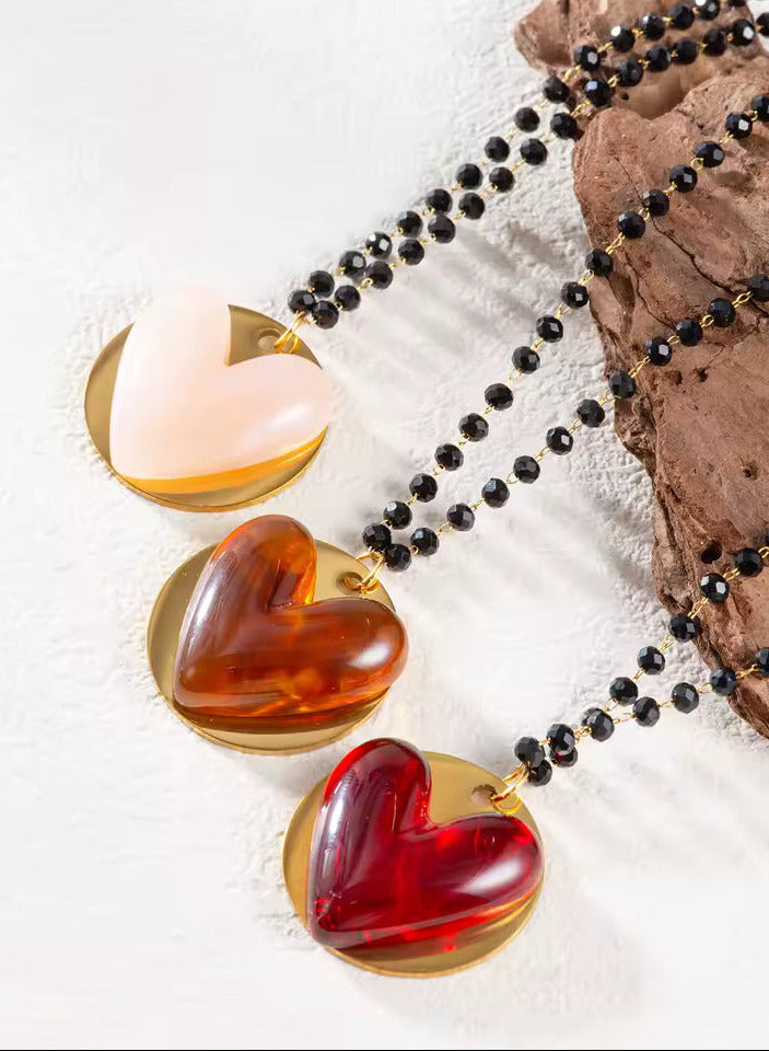 Black Beads Chain Heart Pendant Necklace