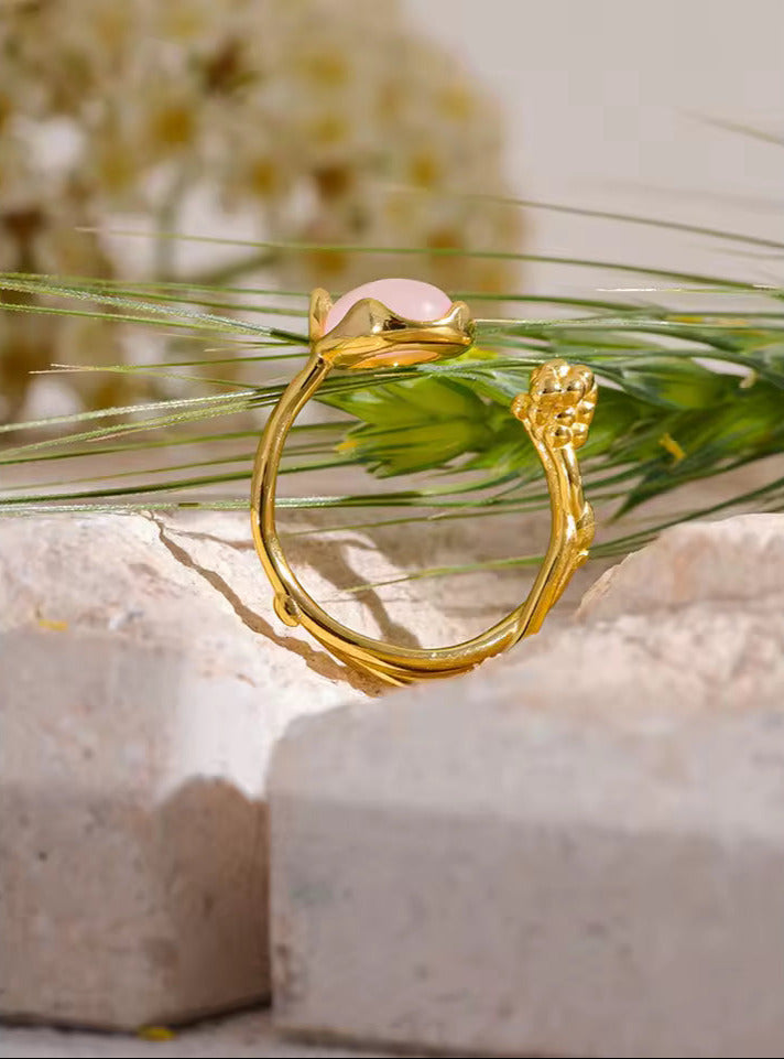 Natural Rose Quartz Stone & Flower Adjustable Open Ring