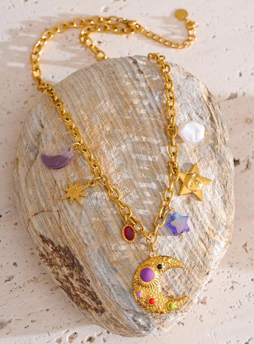 Acrylic Moon Star and Natural Pearl Charm Necklace