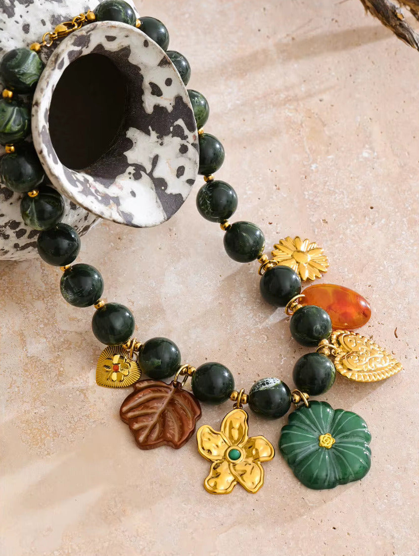 Green Beads Chain Leaf Flower Multi Charm Necklace