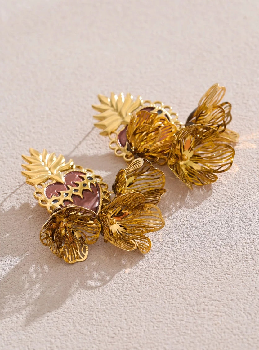Purple Enamel Heart Flower Petal Dangle Earrings