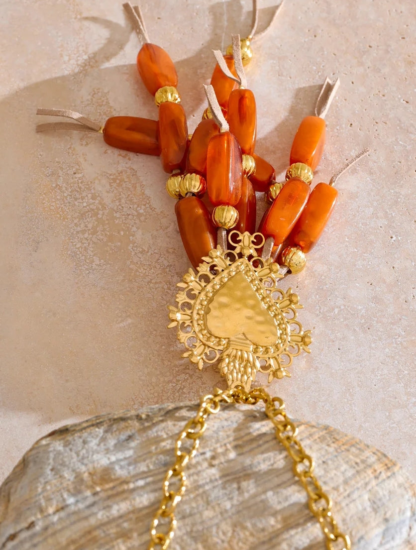 Boho Gold Heart Pendant Necklace with Beads