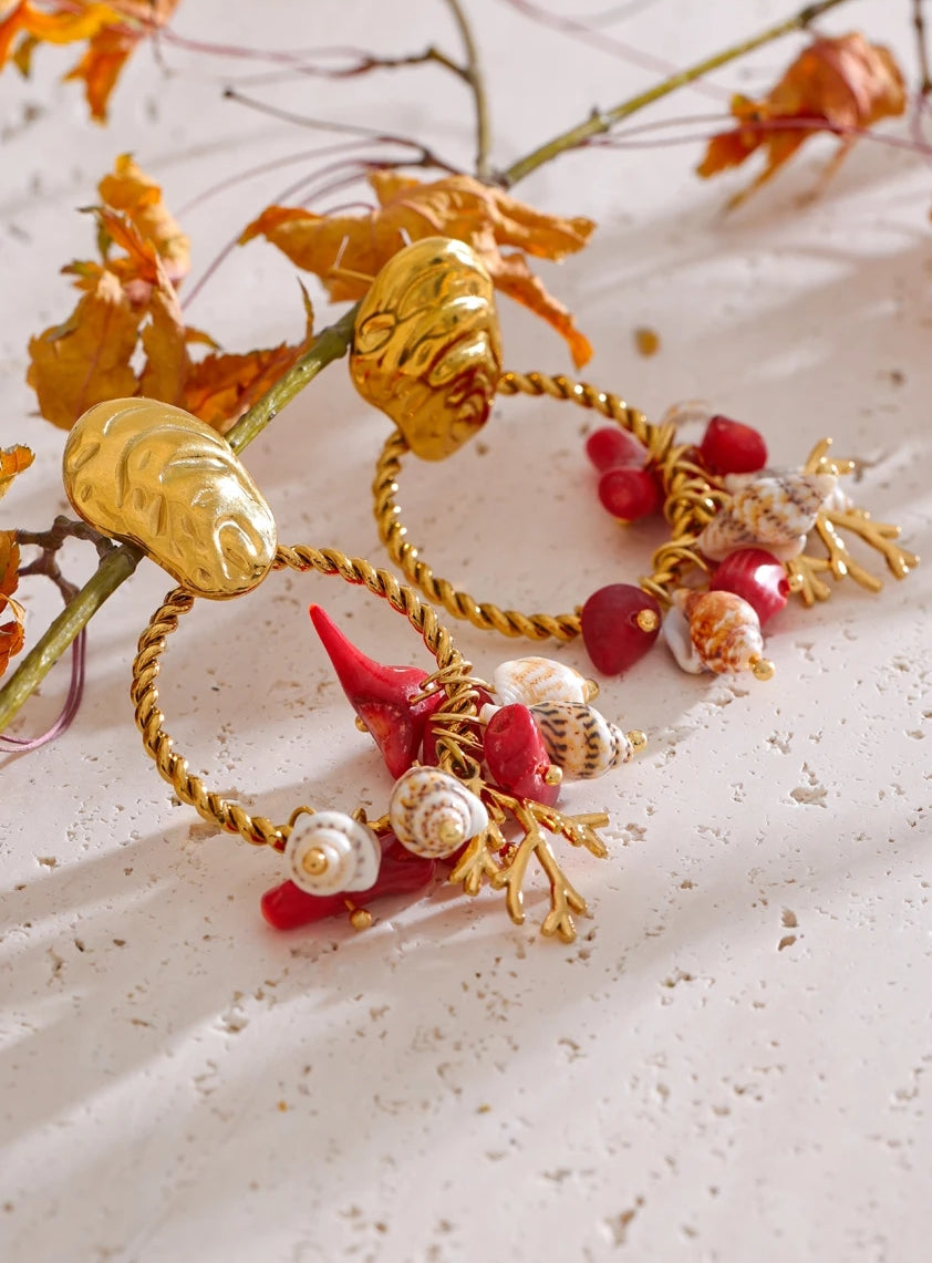 Red Stone & Natural Shell Dangle Earrings