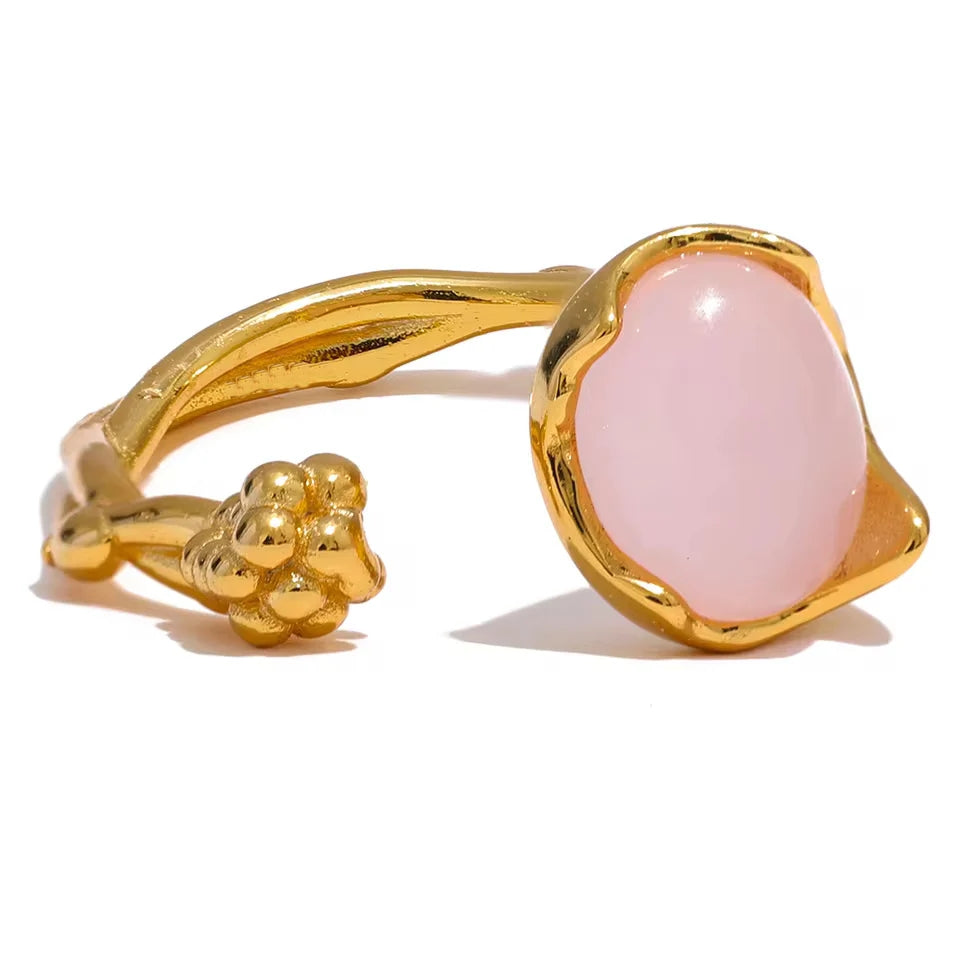 Natural Rose Quartz Stone & Flower Adjustable Open Ring