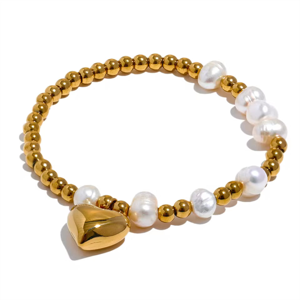 Natural Pearl Round Steel Bead Drop Heart Bracelet