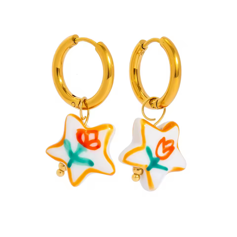 Doodle Flower Ceramic Pendant Hoop Earrings