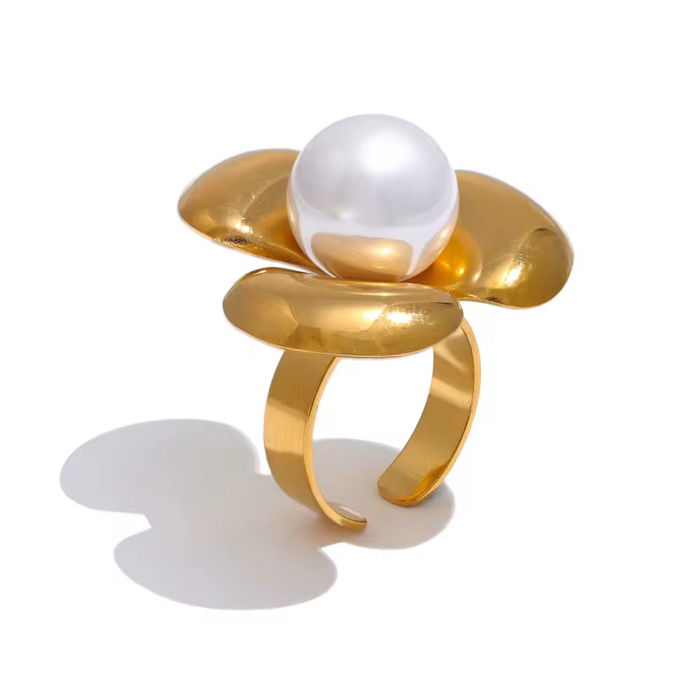 Adjustable Metal Flower & Simulated Pearl Big Open Ring