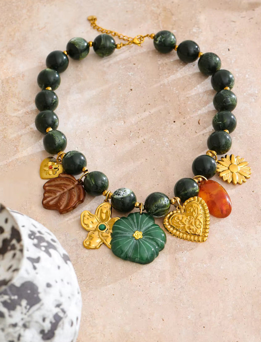 Green Beads Chain Leaf Flower Multi Charm Necklace