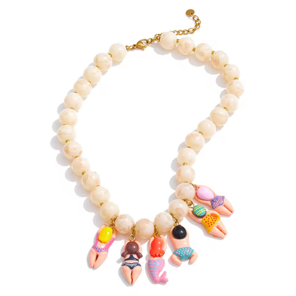 Bikini Dolls & Natural Stone Bead Drop Necklace