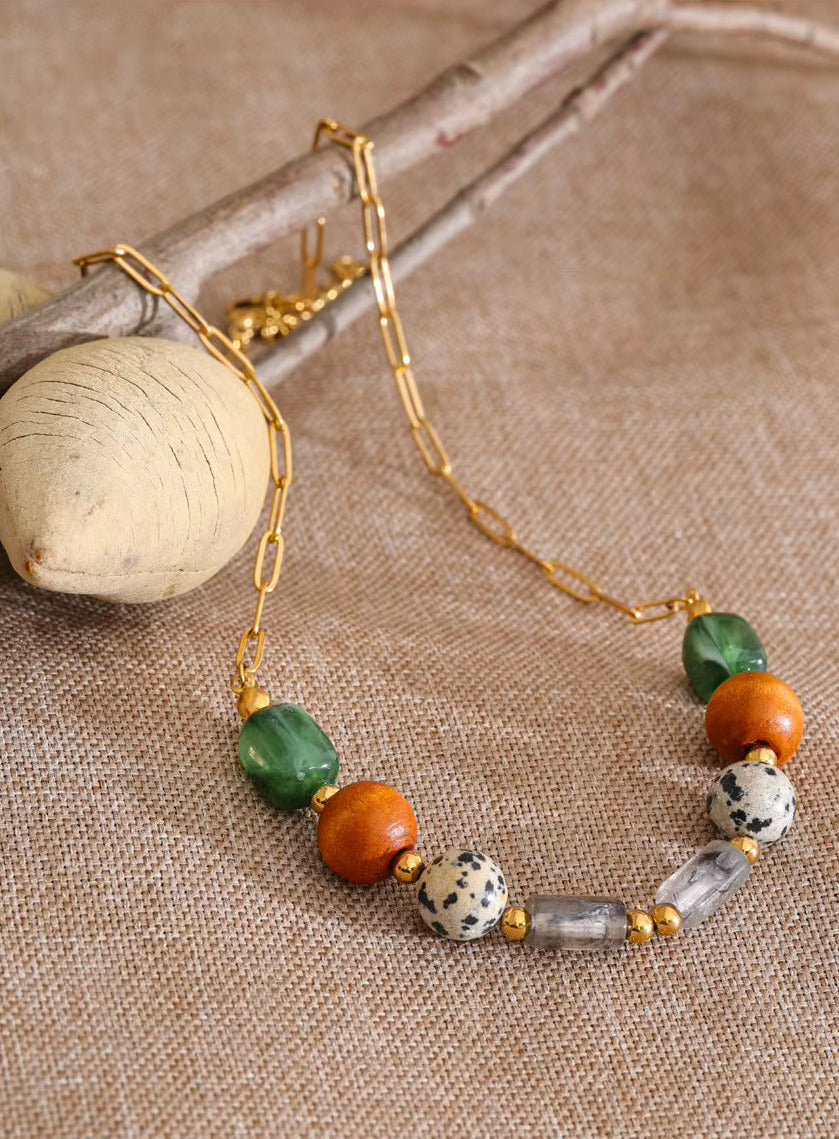 Natural Stone Resin Wood Beads Chain Necklace
