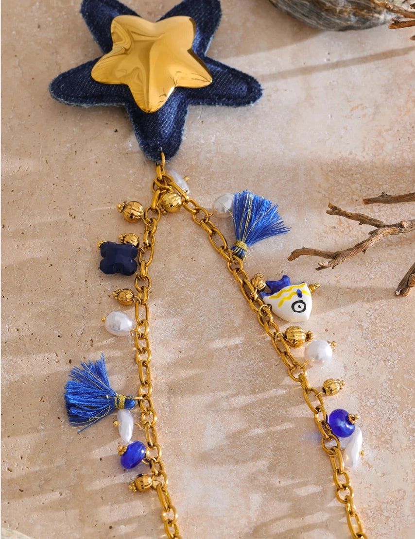 Large Blue Denim Starfish Charm Necklace
