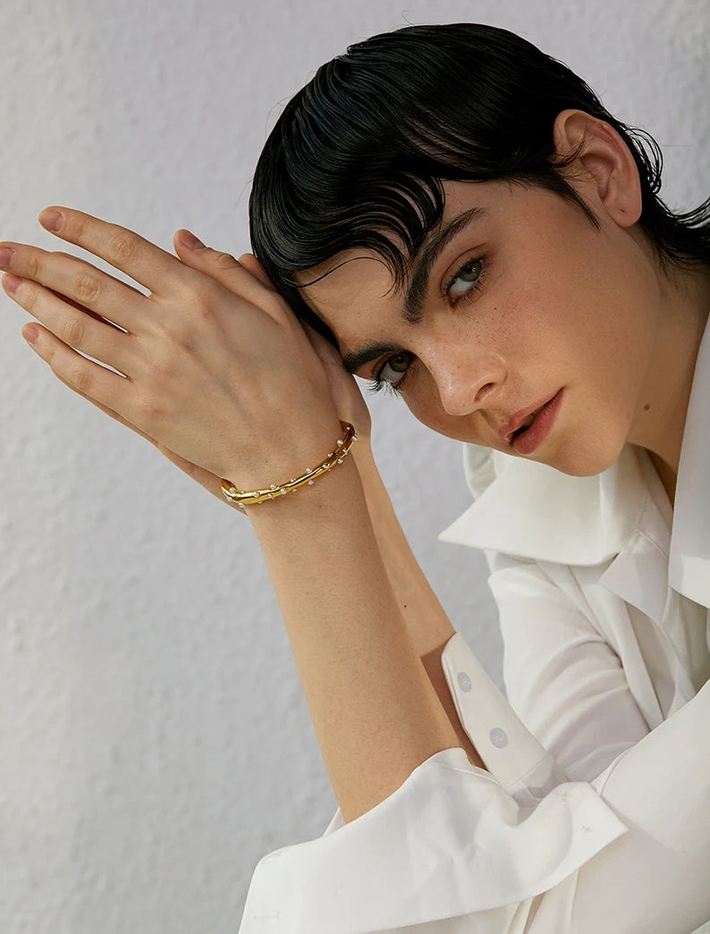 Inlaid Pearl Gold Open Cuff Bracelet