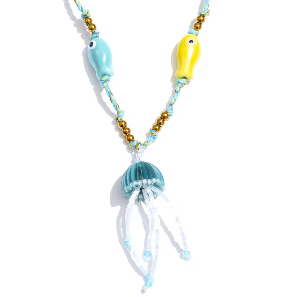 Crystal Jellyfish & Twin Ceramic Fish Nautical Rope Necklace