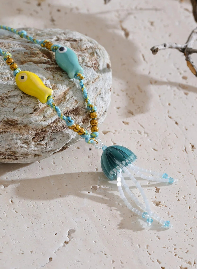 Crystal Jellyfish & Twin Ceramic Fish Nautical Rope Necklace
