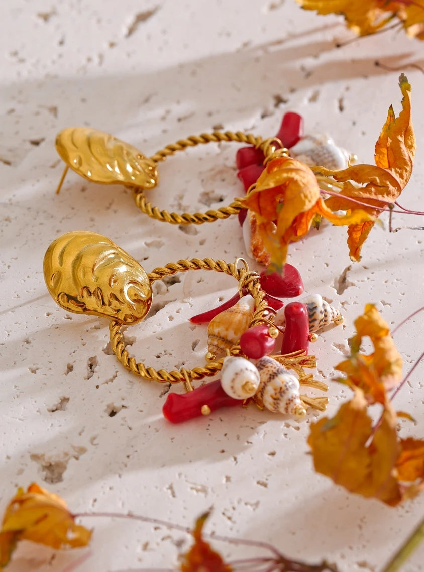 Red Stone & Natural Shell Dangle Earrings