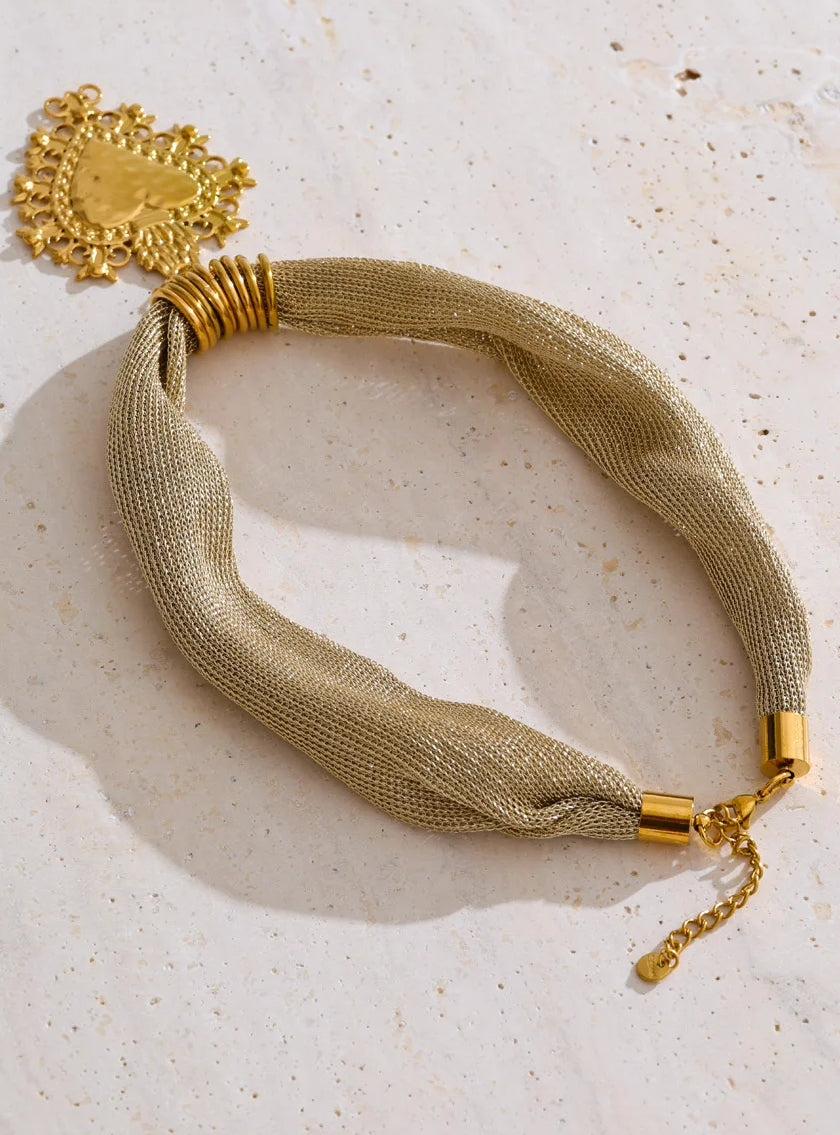 Golden Sacred Heart Mesh Cord Necklace