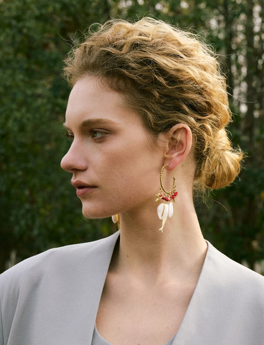 Natural Red Stone & Sea Charms Gold Hoop Earrings