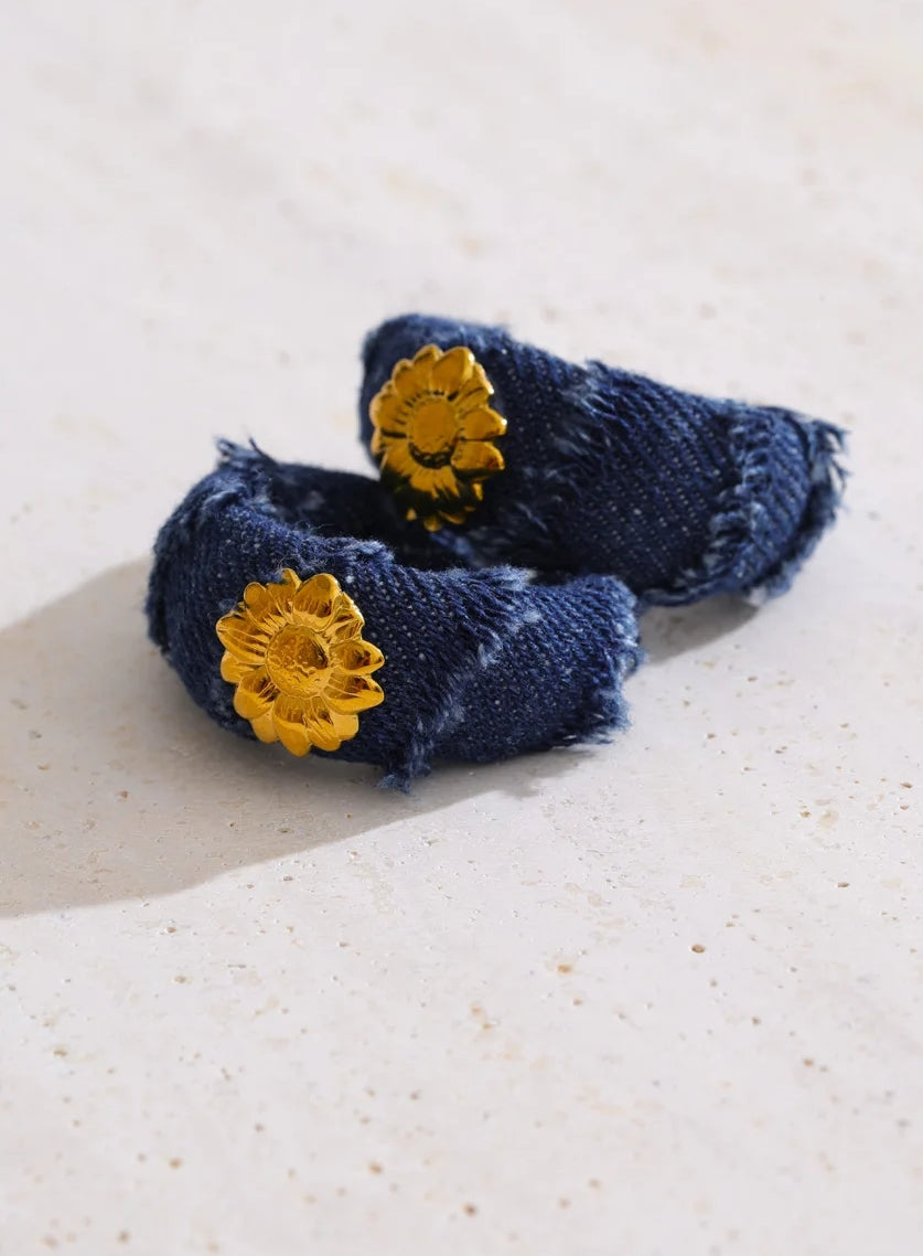 Blue Denim Flower Hoop Earrings