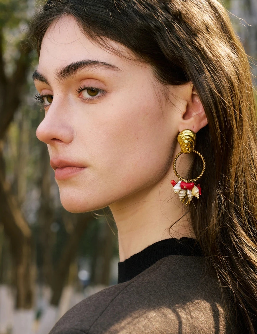 Red Stone & Natural Shell Dangle Earrings