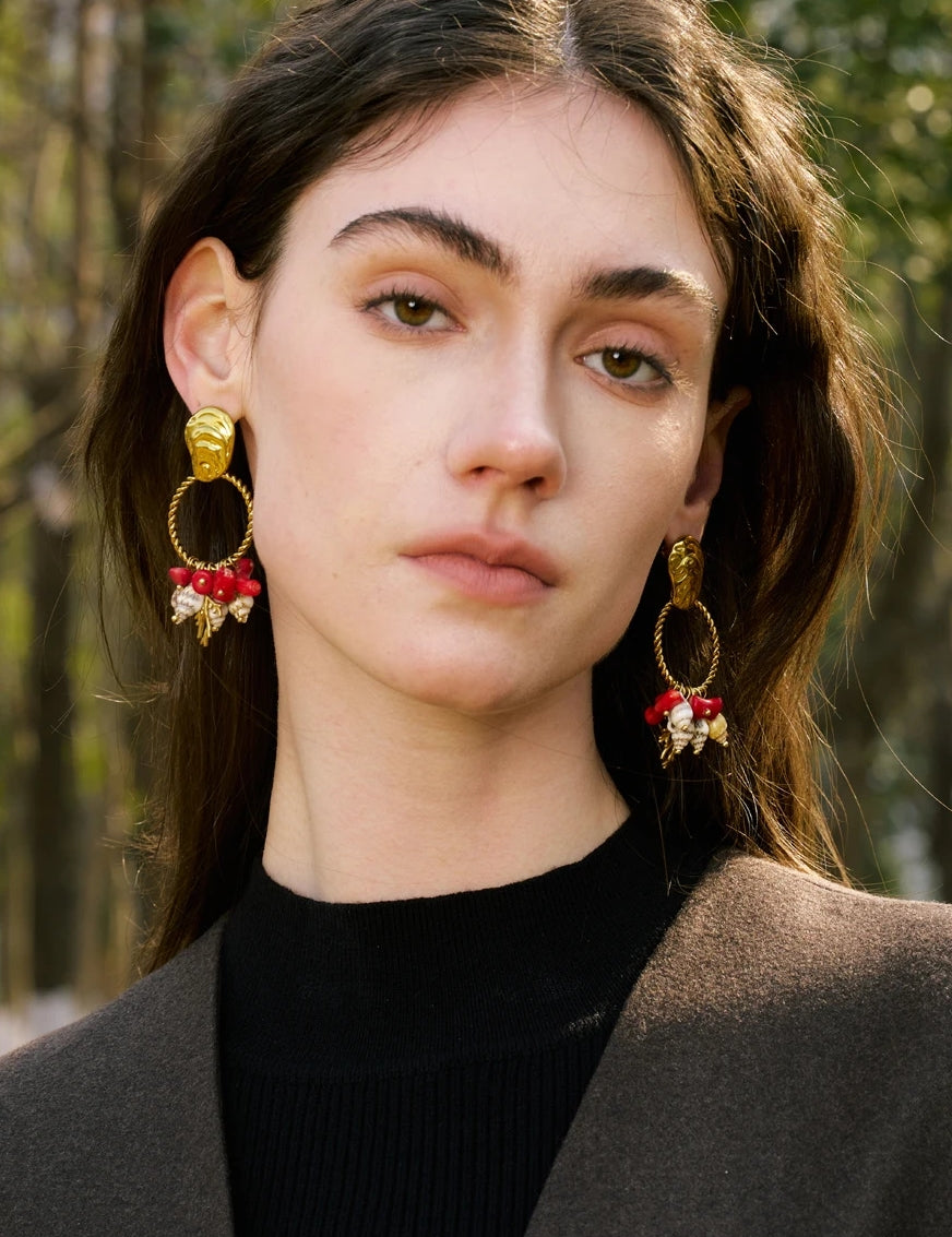 Red Stone & Natural Shell Dangle Earrings