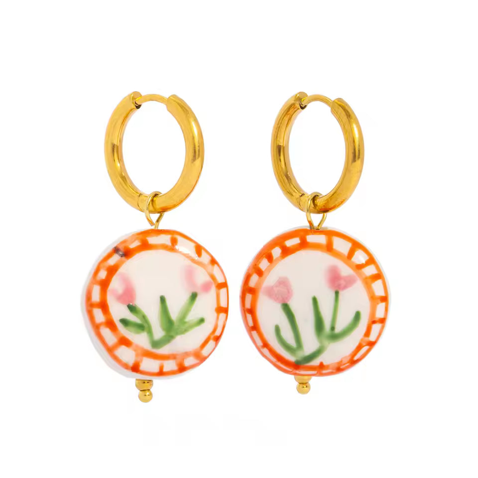 Doodle Flower Ceramic Pendant Hoop Earrings