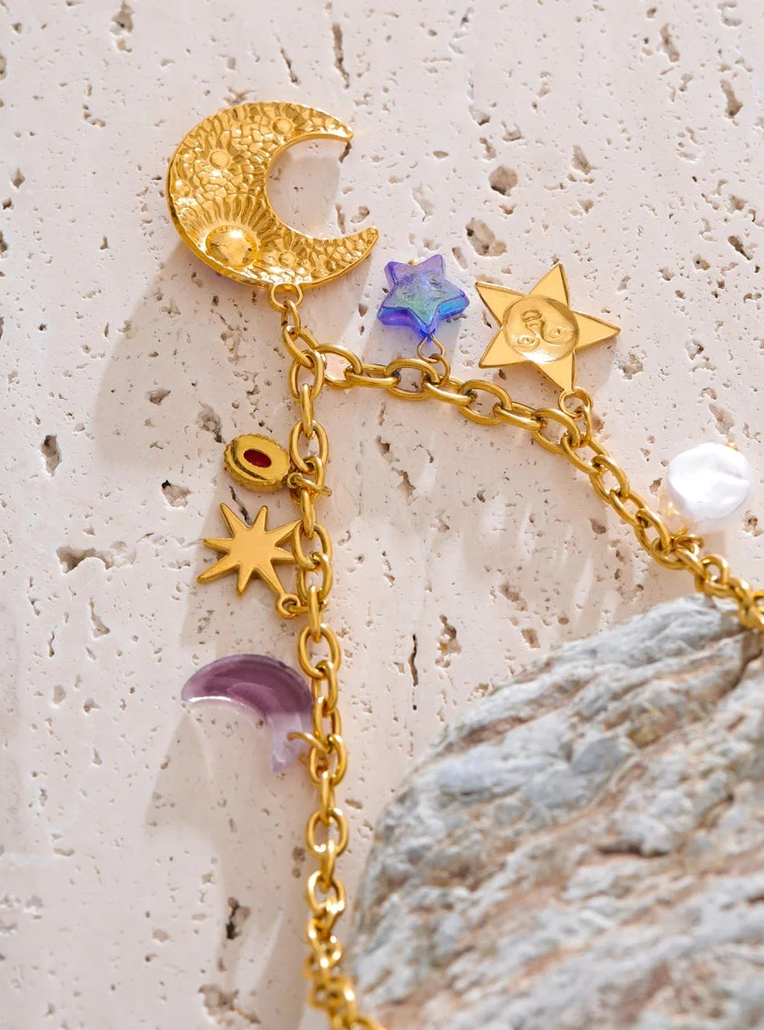 Acrylic Moon Star and Natural Pearl Charm Necklace