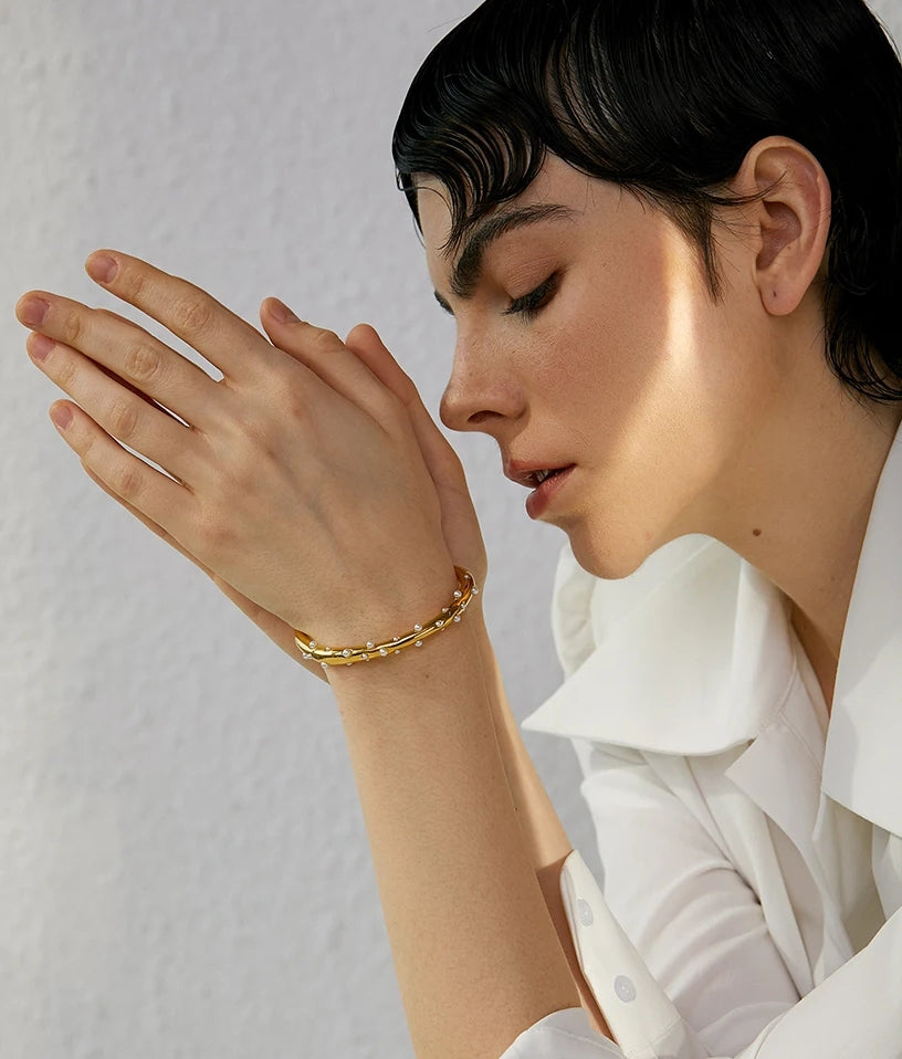 Inlaid Pearl Gold Open Cuff Bracelet