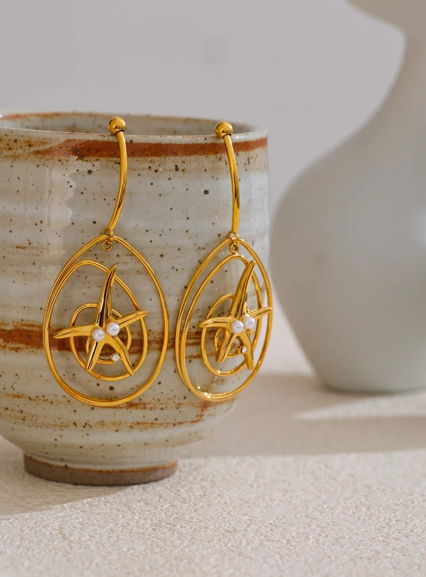 Golden Spiral Starfish Dangle Earrings