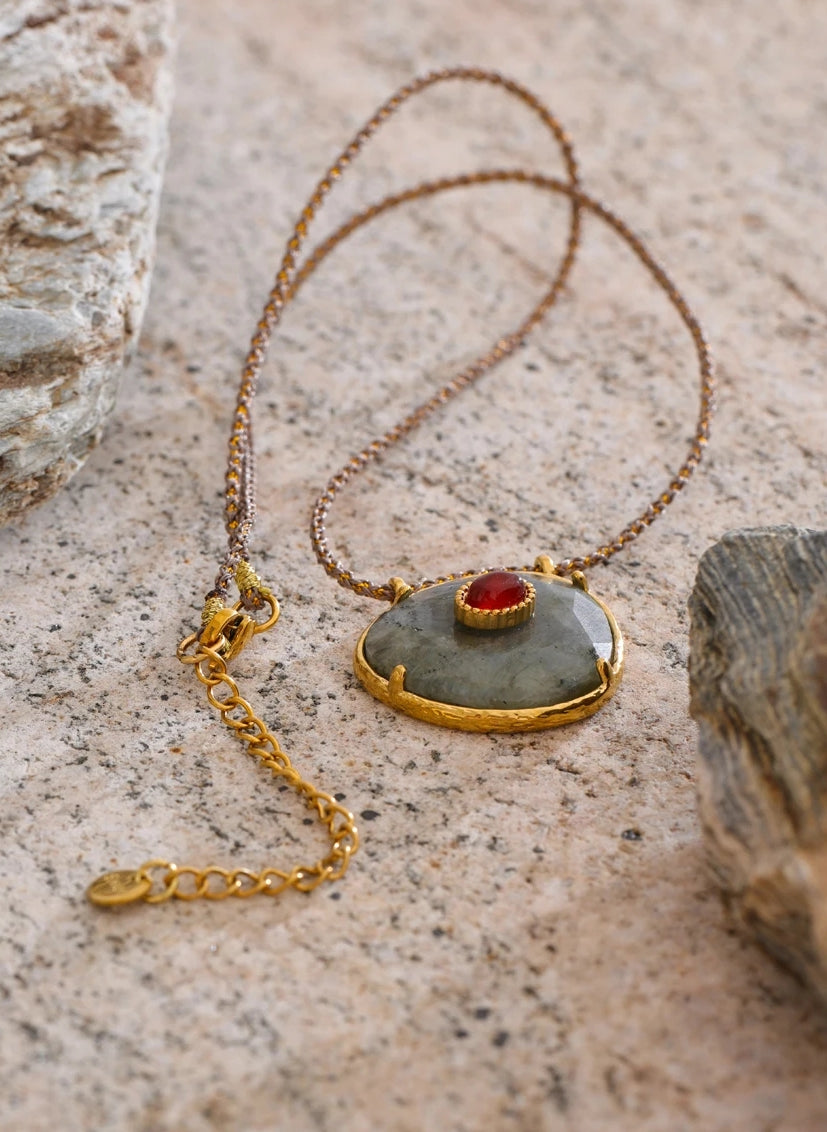 Natural Labradorite & Red Agate Pendant Necklace