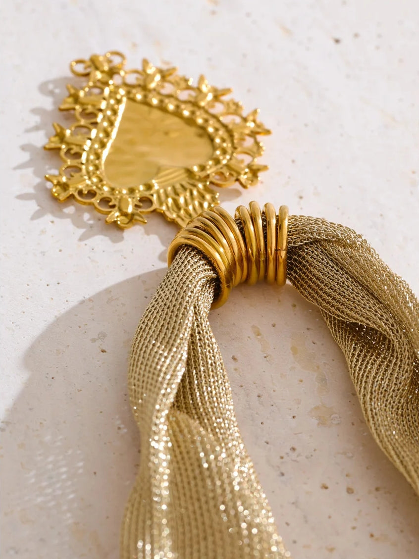 Golden Sacred Heart Mesh Cord Necklace