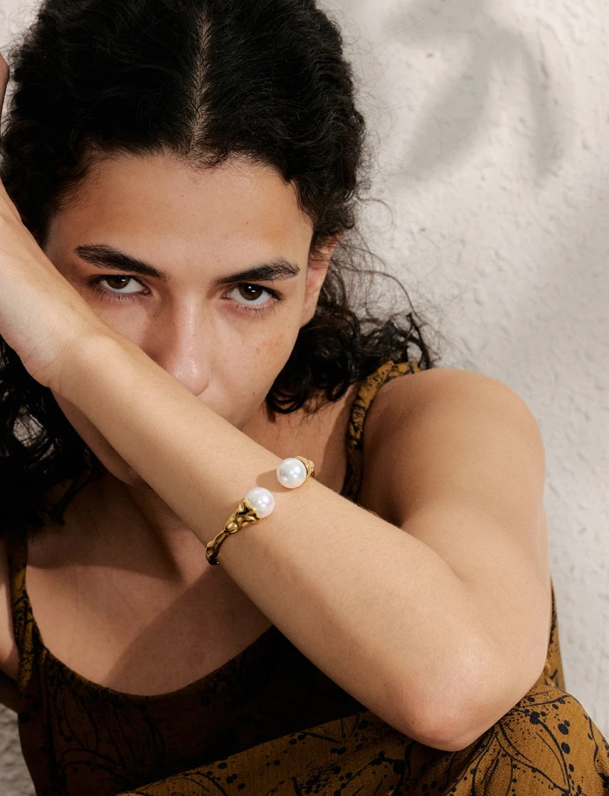 Baroque Style Gold Pearl Open Cuff Bracelet