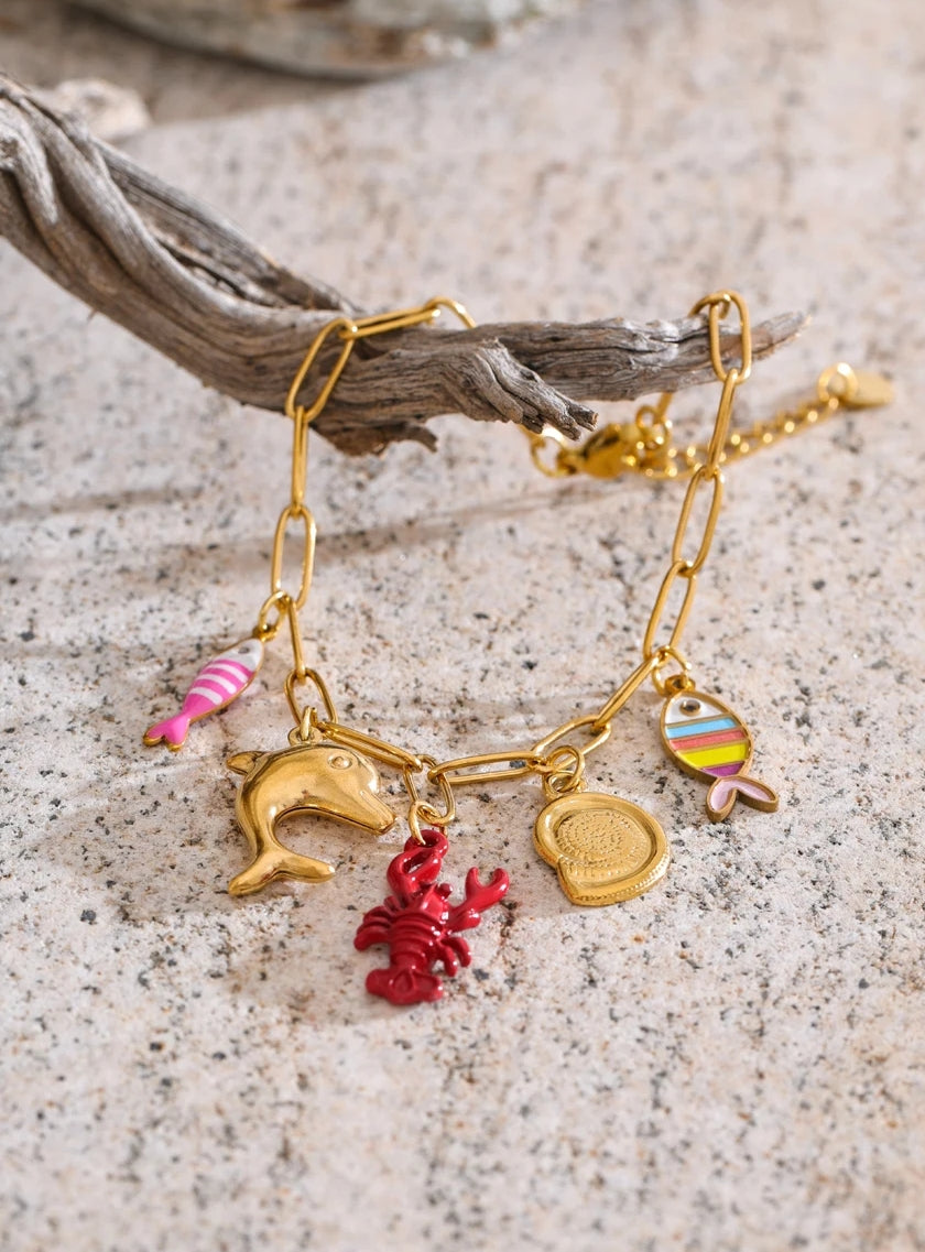Lobster, Dolphin, Shell & Fish Enamel Charm Bracelet