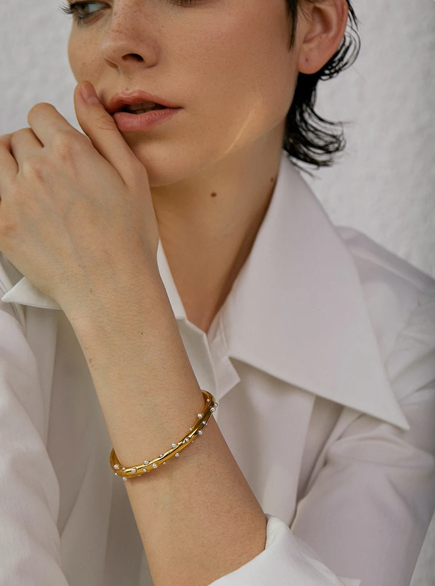 Inlaid Pearl Gold Open Cuff Bracelet