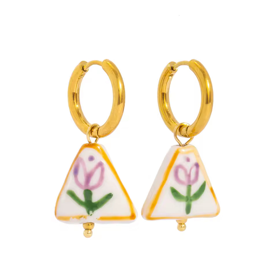 Doodle Flower Ceramic Pendant Hoop Earrings