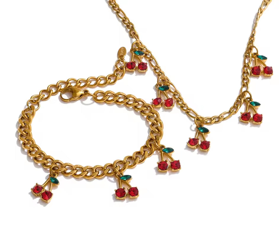 Cherry Charm Jewelry Set (Necklace & Bracelet)